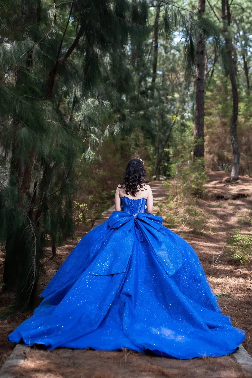 Camila de espaldas, con su vestido azul entre los árboles